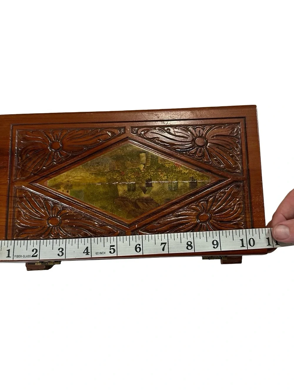Vtg Carved Wood Trinket Keepsake Box Diamond Cottage Lithograph Inset Flaw Folk